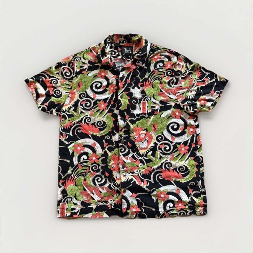 Ed Hardy Men's L Dragon Graphic Print Short Sleeve Spread Collar Button-Up Shirt